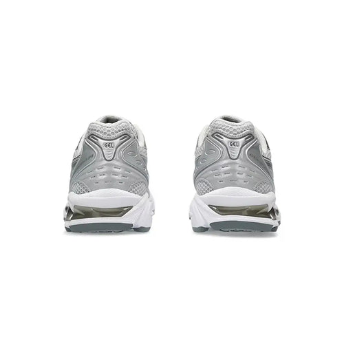 ASICS GEL-Kayano 14 Cloud Grey rear heel view showing GEL branding on both shoes with sculpted silver heel counter and rear cushioning unit