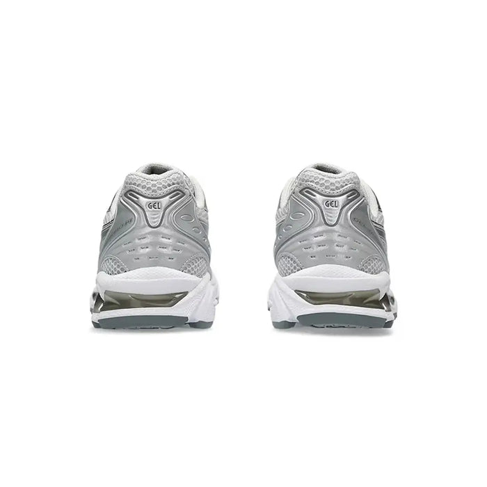 ASICS GEL-Kayano 14 Cloud Grey rear heel view showing GEL branding on both shoes with sculpted silver heel counter and rear cushioning unit