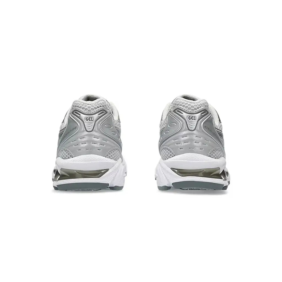 ASICS GEL-Kayano 14 Cloud Grey rear heel view showing GEL branding on both shoes with sculpted silver heel counter and rear cushioning unit