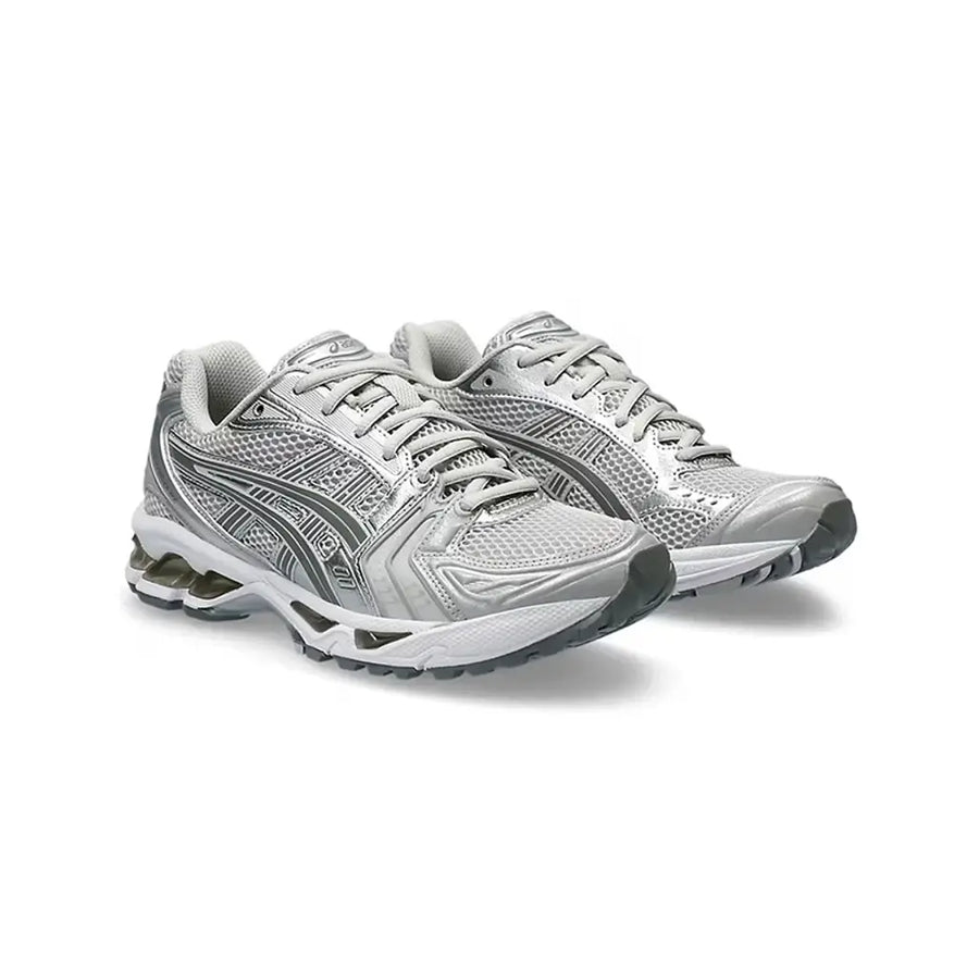 ASICS GEL-Kayano 14 Cloud Grey pair displayed at front three-quarter angle showing full mesh and metallic silver upper on white background