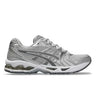 ASICS GEL-Kayano 14 Cloud Grey 1202A056-021 lateral side profile showing mesh upper, metallic silver overlays, and visible GEL cushioning on white midsole