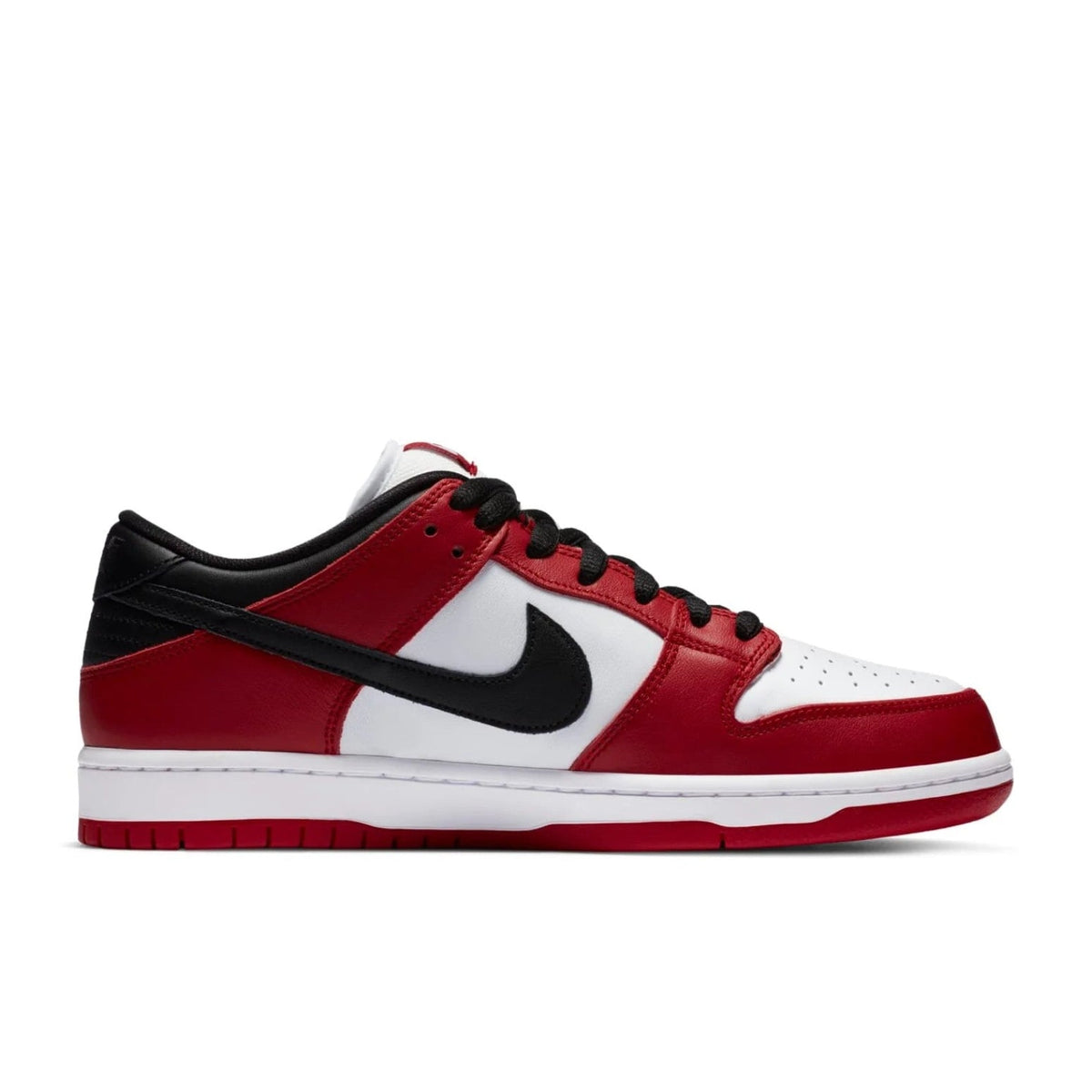 Nike SB Dunk Low J-Pack Chicago lateral side profile showing varsity red overlays, black Swoosh and white midsole