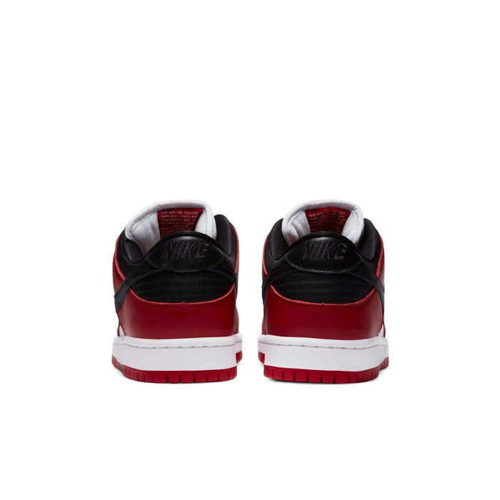 Nike SB Dunk Low J-Pack Chicago pair rear view showing black heel panel with embossed Nike branding and red outsole
