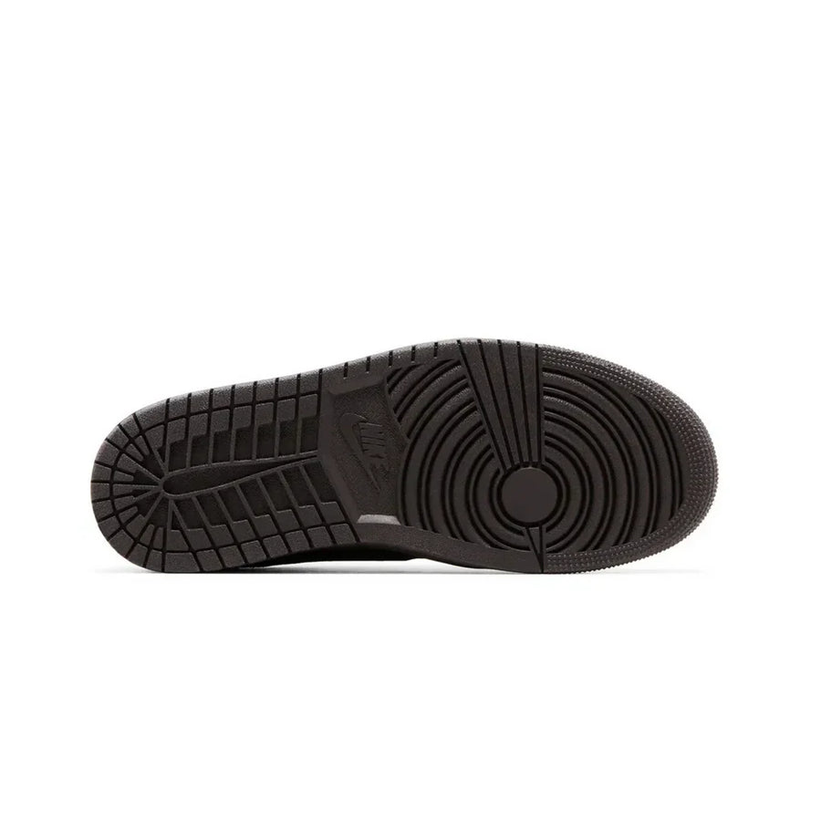 Travis Scott x Air Jordan 1 Low OG SP Velvet Brown dark brown rubber outsole bottom view with Nike branding and traction pattern