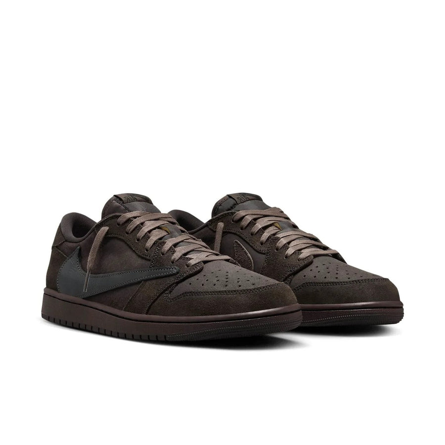 Travis Scott x Air Jordan 1 Low OG SP Velvet Brown pair angled view showing velvet brown and dark mocha suede with black leather details